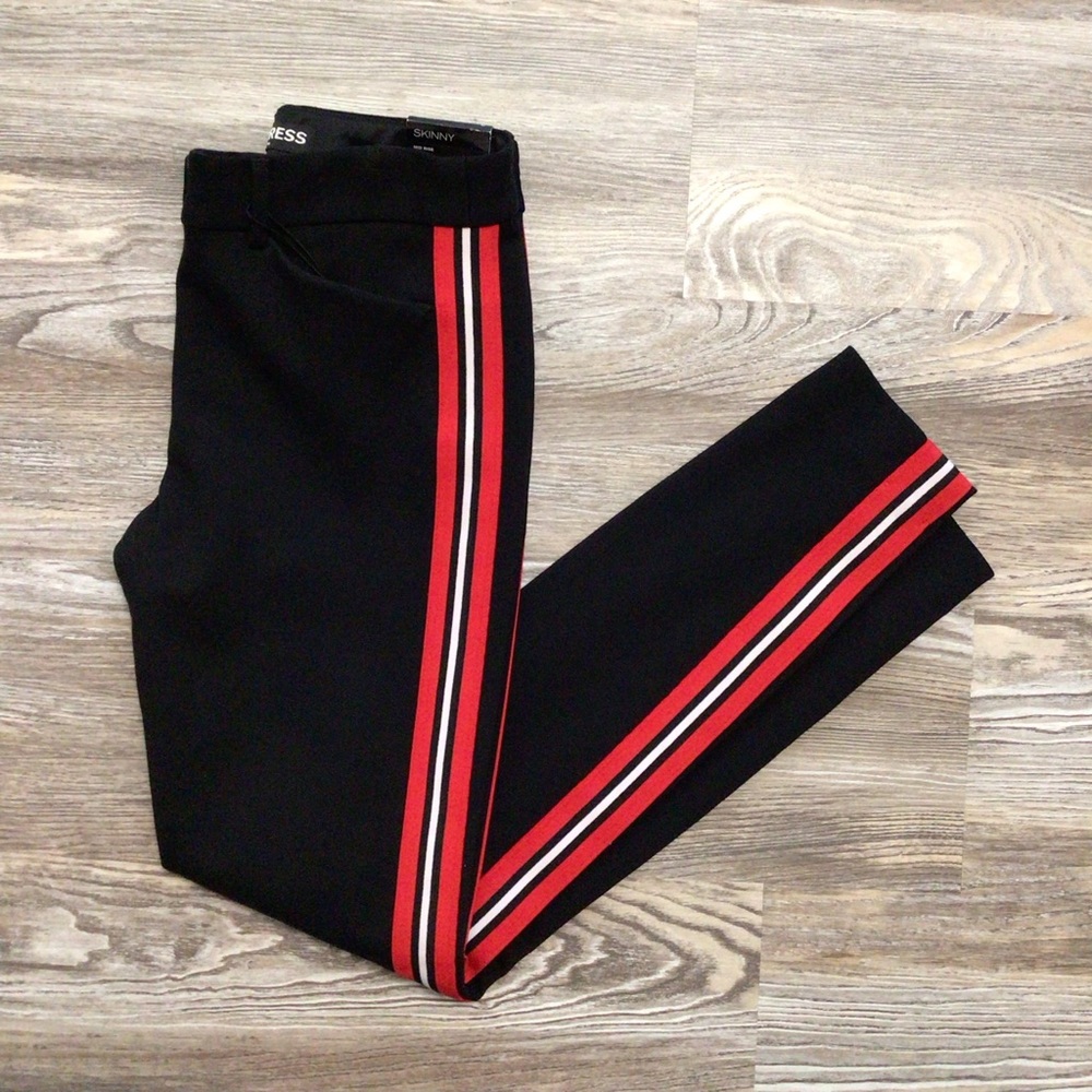 Express Outlet Black Mid Rise Skinny Ankle Pants Red & White Side Stripes 2 NWT